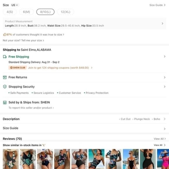 Shein Tropical Print Hollow Out One Piece Swimsuit L - Picture 7 of 7